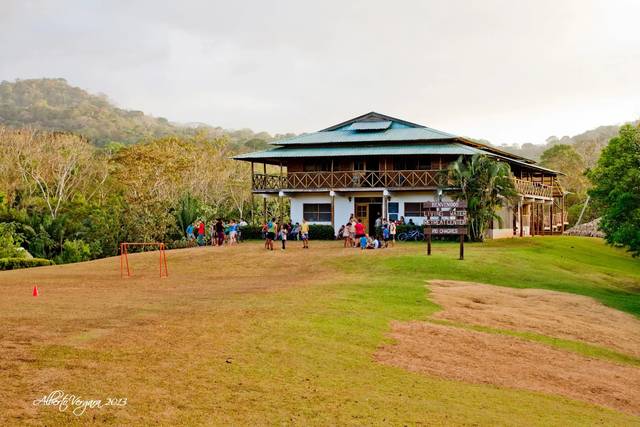 Casa de madera sobre una loma verde